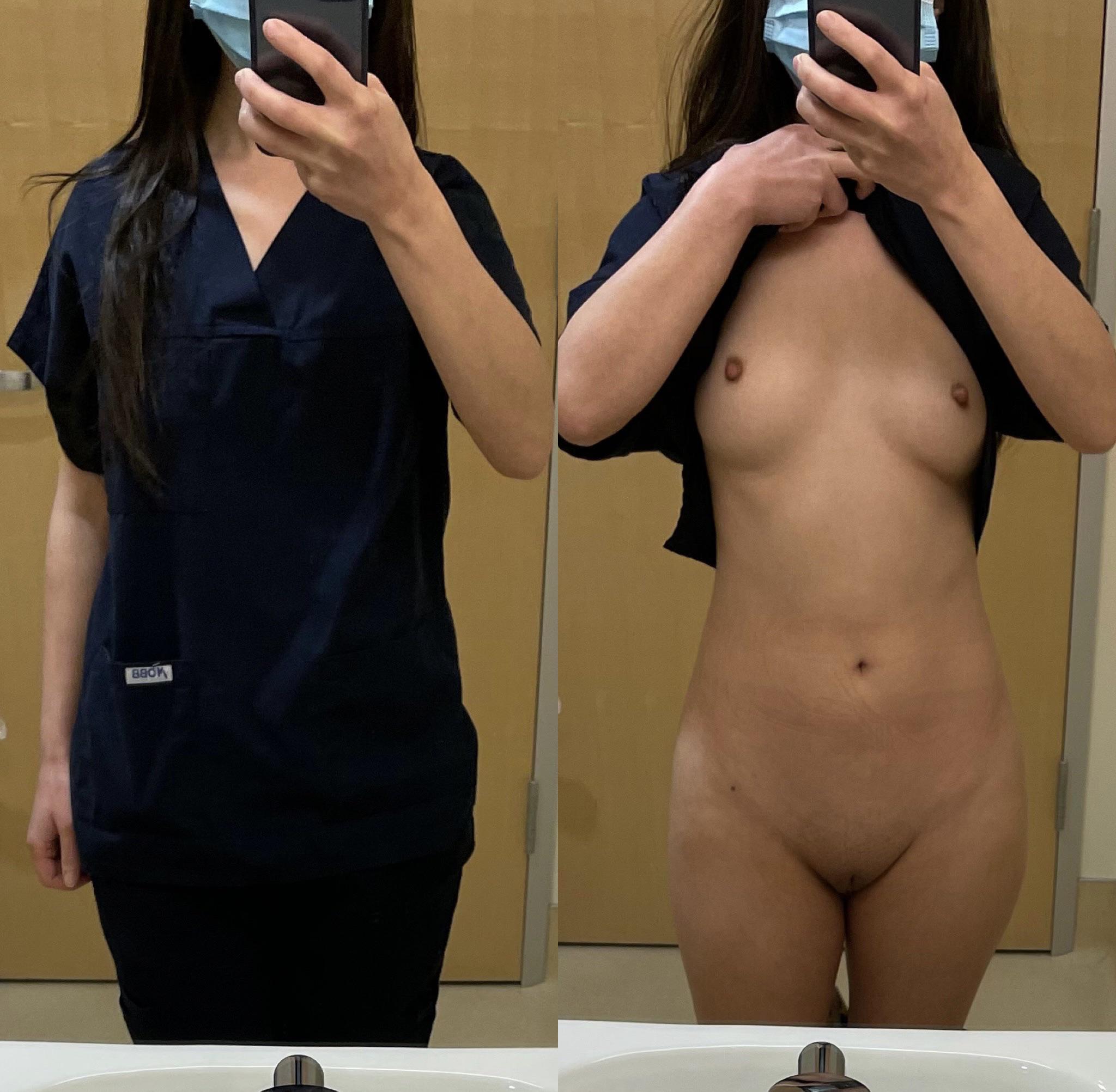 I’m the Filipina nurse that hates wearing a bra to work. Do you think my patients will notice? [F33]